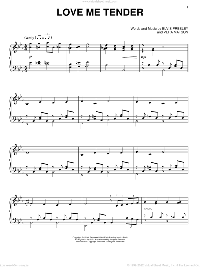 Love Me Tender, (intermediate) sheet music for piano solo by Elvis Presley and Vera Matson, wedding score, intermediate skill level
