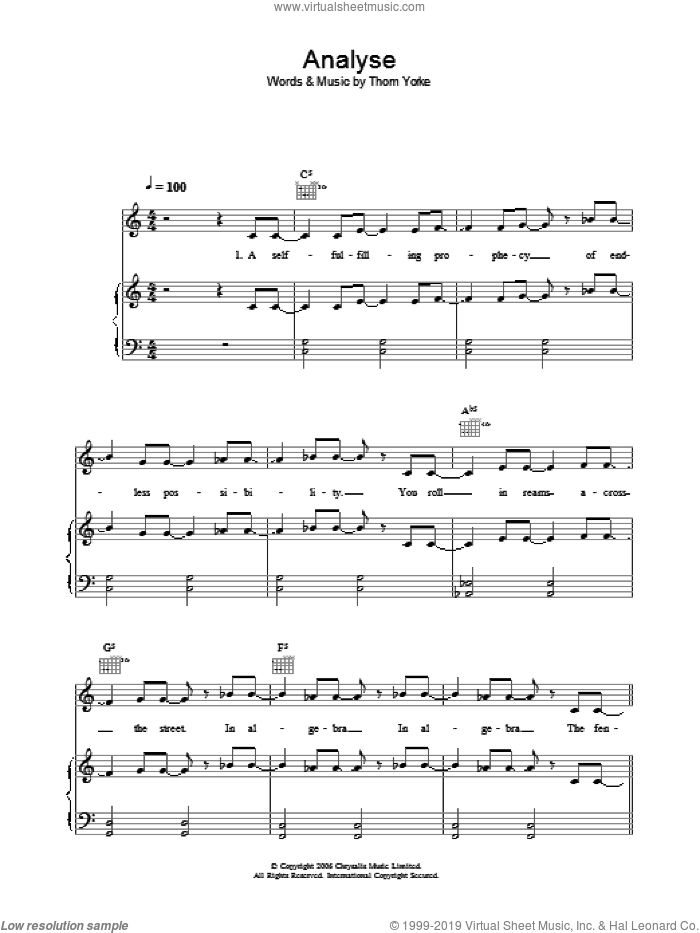 Analyse sheet music for voice, piano or guitar by Thom Yorke, intermediate skill level