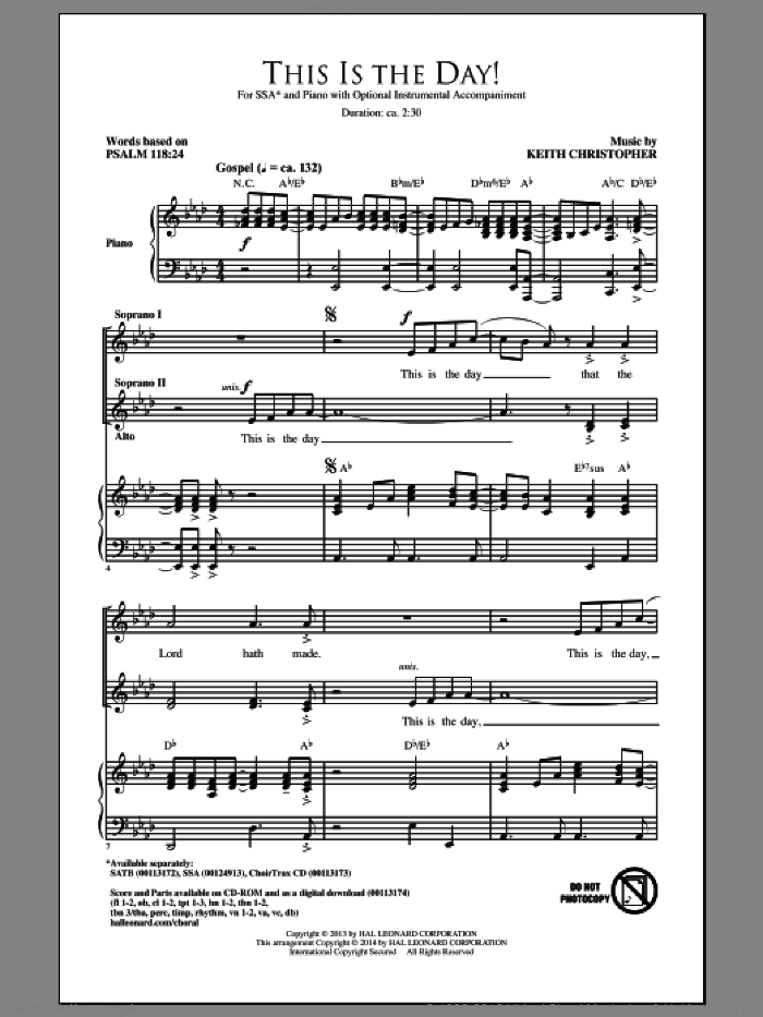 This Is The Day sheet music for choir (SSA: soprano, alto) by Keith Christopher, intermediate skill level