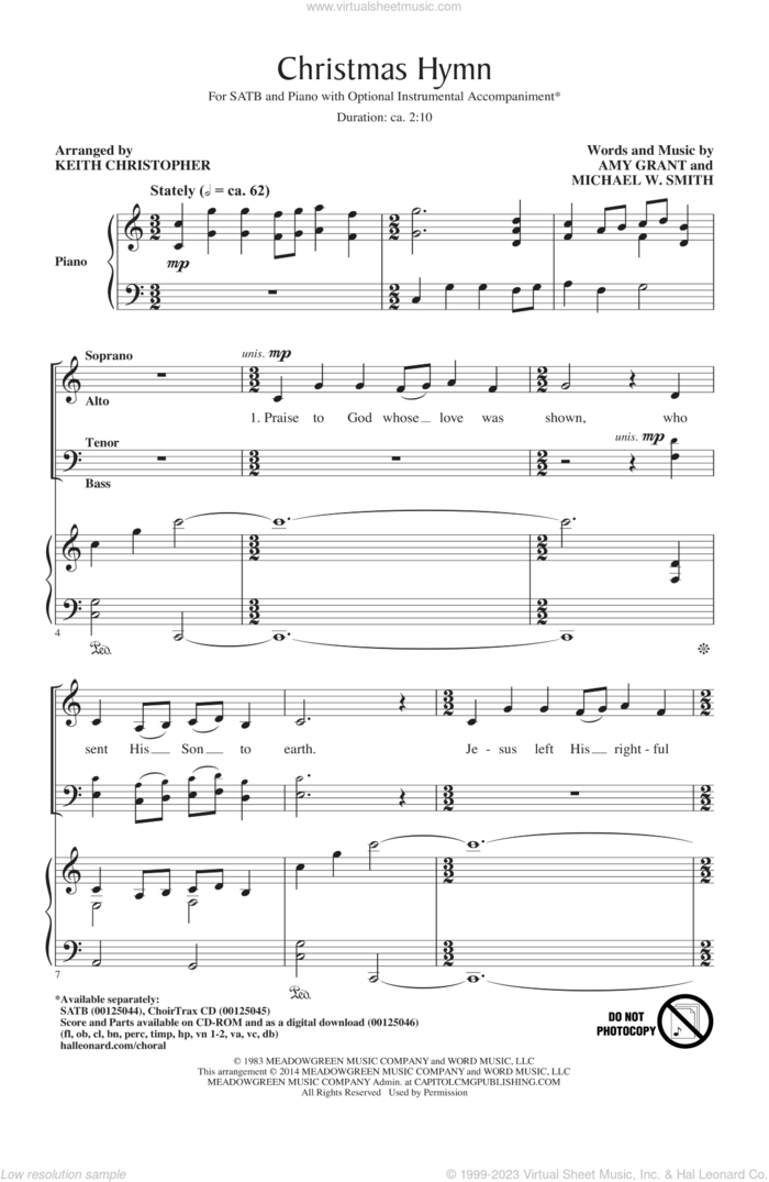 Christmas Hymn sheet music for choir (SATB: soprano, alto, tenor, bass) by Michael W. Smith, Amy Grant and Keith Christopher, intermediate skill level