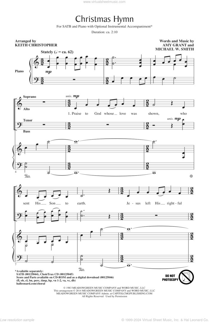 Christmas Hymn sheet music for choir (SATB: soprano, alto, tenor, bass) by Michael W. Smith, Amy Grant and Keith Christopher, intermediate skill level