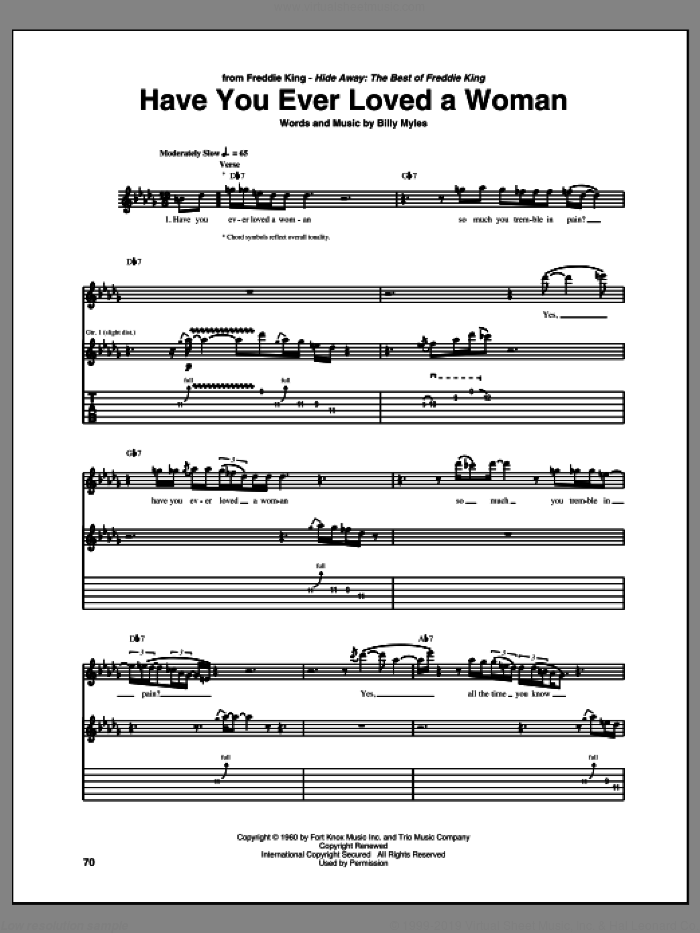 Have You Ever Loved A Woman sheet music for guitar (tablature) by Freddie King, Billy Myles and Eric Clapton, intermediate skill level