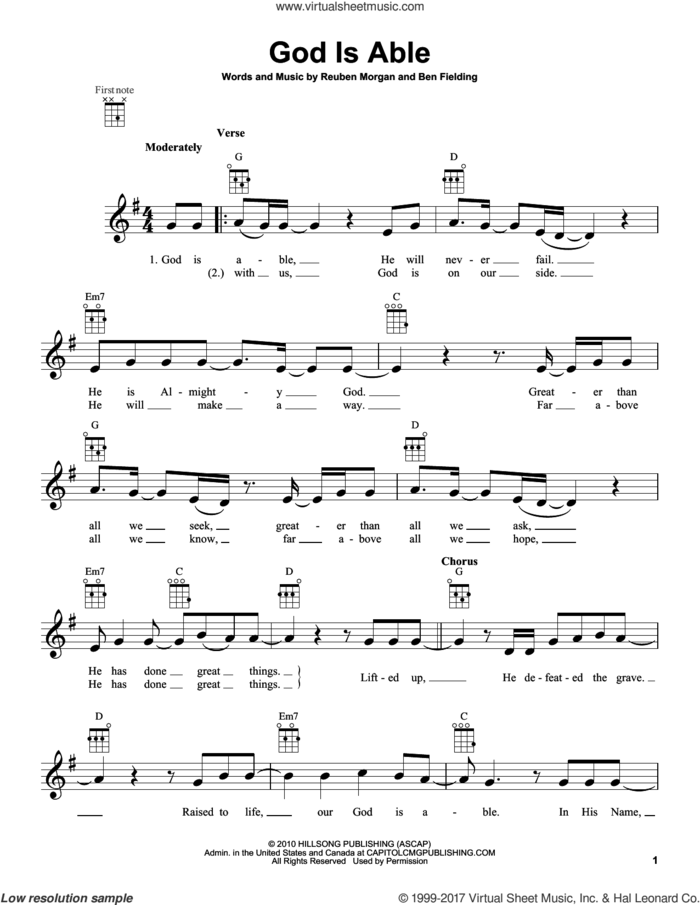 God Is Able sheet music for ukulele by Hillsong United, Ben Fielding and Reuben Morgan, intermediate skill level