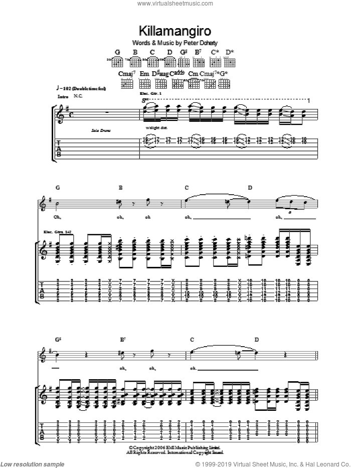 Killamangiro sheet music for guitar (tablature) by Babyshambles and Pete Doherty, intermediate skill level
