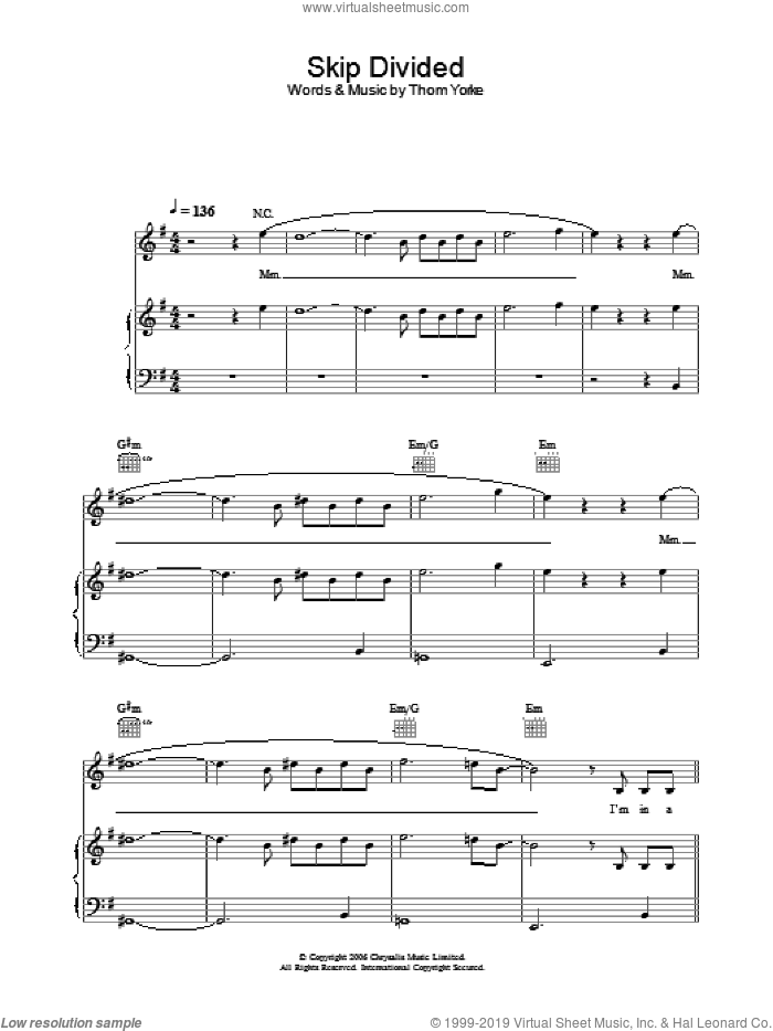 Skip Divided sheet music for voice, piano or guitar by Thom Yorke, intermediate skill level