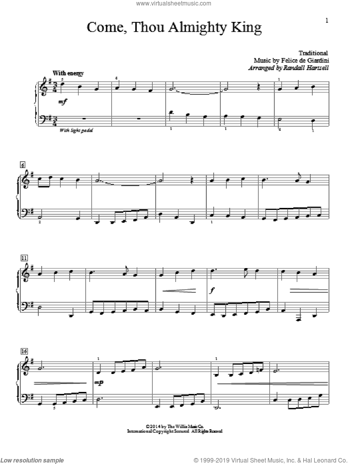Come, Thou Almighty King sheet music for piano solo (elementary) by Randall Hartsell and Felice de Giardini, beginner piano (elementary)