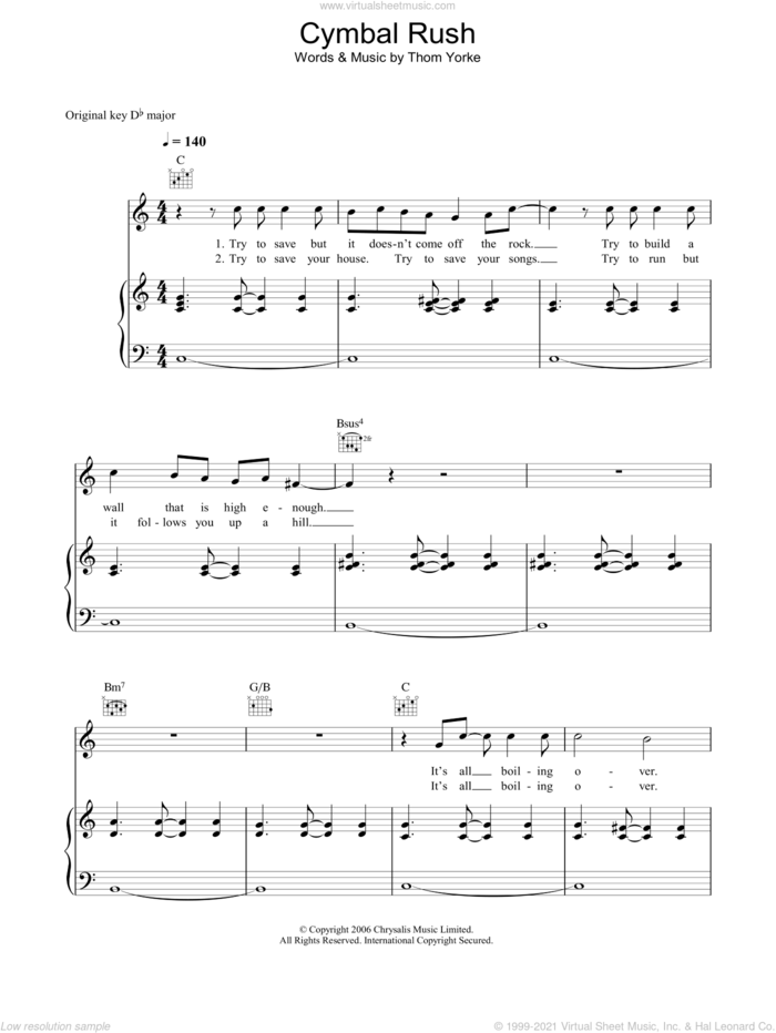 Cymbal Rush sheet music for voice, piano or guitar by Thom Yorke, intermediate skill level