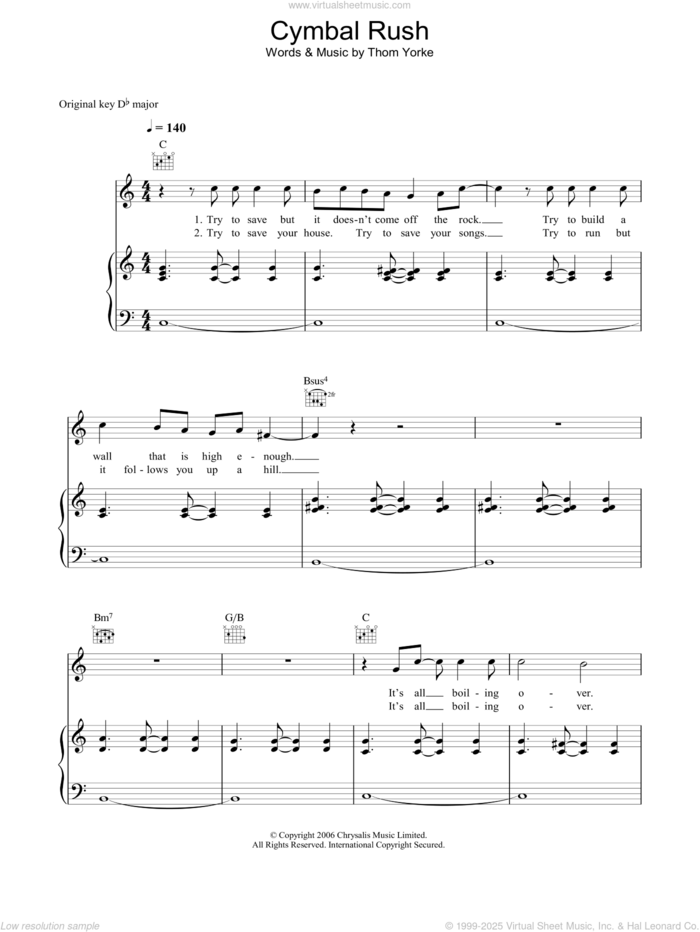 Cymbal Rush sheet music for voice, piano or guitar by Thom Yorke, intermediate skill level