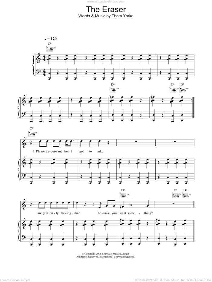The Eraser sheet music for voice, piano or guitar by Thom Yorke, intermediate skill level