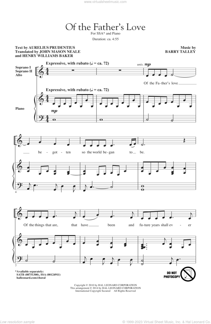 Of The Father's Love sheet music for choir (SSA: soprano, alto) by Barry Talley, intermediate skill level
