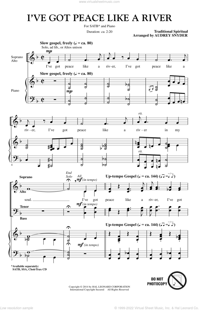 I've Got Peace Like A River sheet music for choir (SATB: soprano, alto, tenor, bass) by Audrey Snyder, intermediate skill level