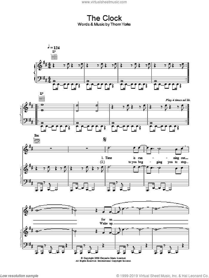 The Clock sheet music for voice, piano or guitar by Thom Yorke, intermediate skill level
