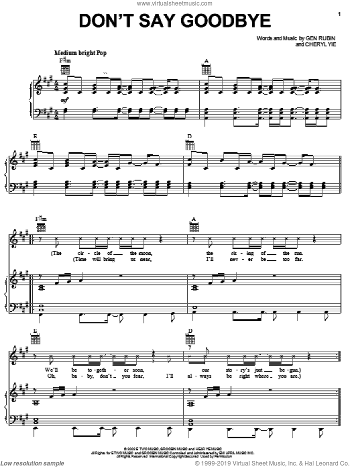 Don't Say Goodbye sheet music for voice, piano or guitar by Paulina Rubio, Cheryl Yie and Gen Rubin, intermediate skill level