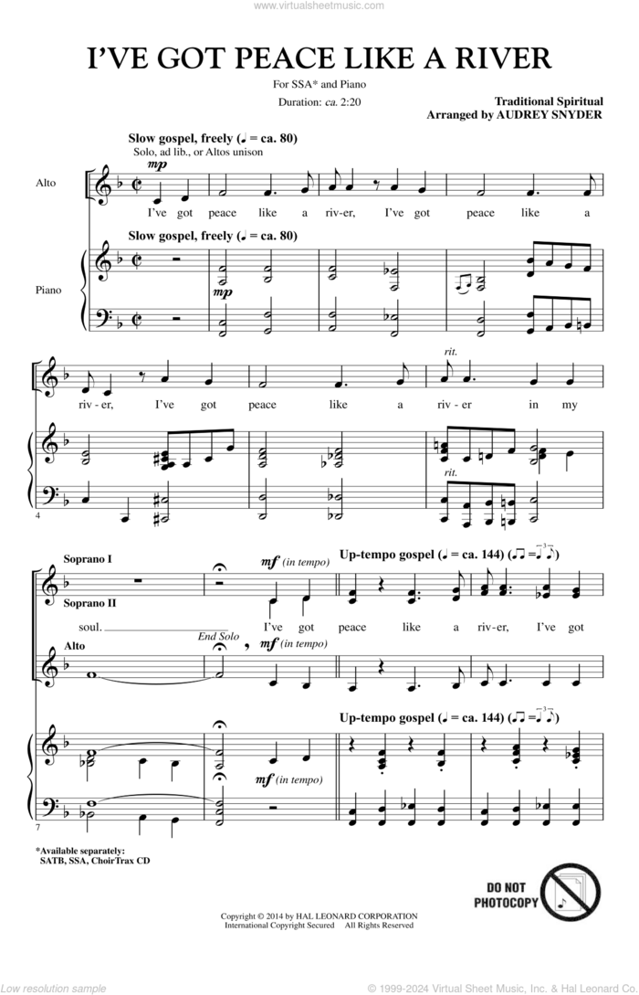 I've Got Peace Like A River sheet music for choir (SSA: soprano, alto) by Audrey Snyder, intermediate skill level