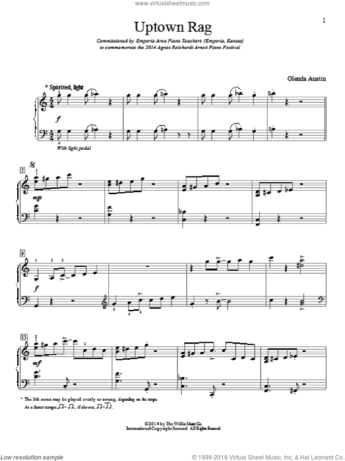 Uptown Rag sheet music for piano solo (elementary) by Glenda Austin, beginner piano (elementary)
