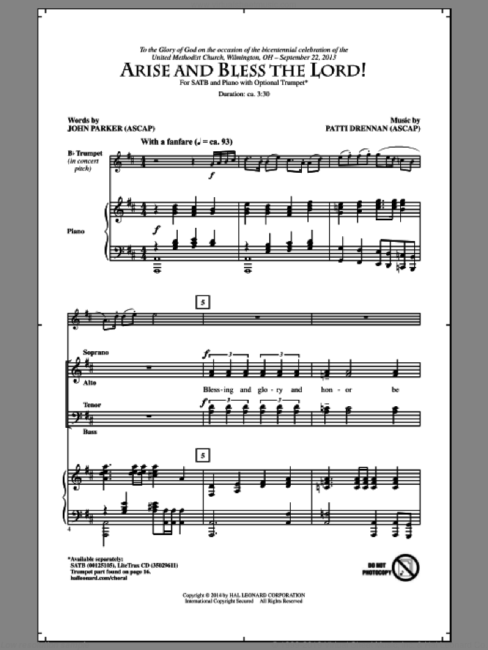 Arise And Bless The Lord! sheet music for choir (SATB: soprano, alto, tenor, bass) by John Parker and Patti Drennan, intermediate skill level