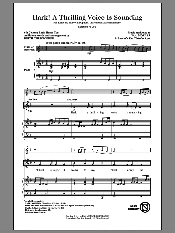 Hark! A Thrilling Voice Is Sounding sheet music for choir (SATB: soprano, alto, tenor, bass) by Wolfgang Amadeus Mozart and Keith Christopher, intermediate skill level