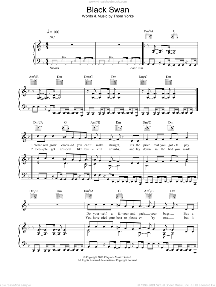 Black Swan sheet music for voice, piano or guitar by Thom Yorke, intermediate skill level