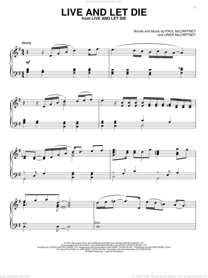Live And Let Die, (intermediate) sheet music for piano solo by Wings, Linda McCartney and Paul McCartney, intermediate skill level