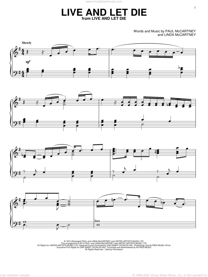 Live And Let Die, (intermediate) sheet music for piano solo by Wings, Linda McCartney and Paul McCartney, intermediate skill level