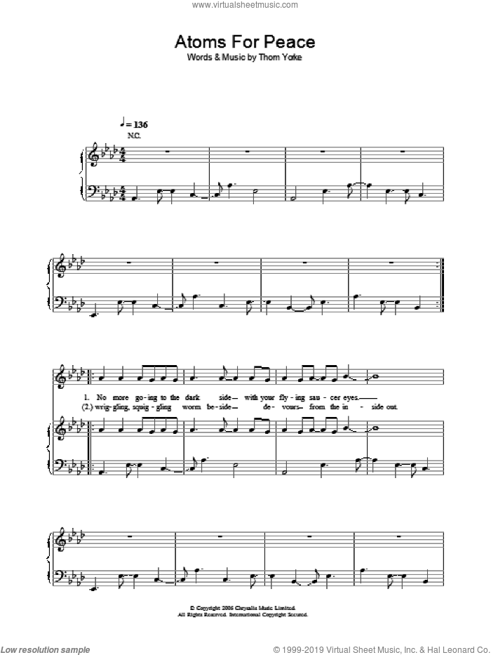 Atoms For Peace sheet music for voice, piano or guitar by Thom Yorke, intermediate skill level