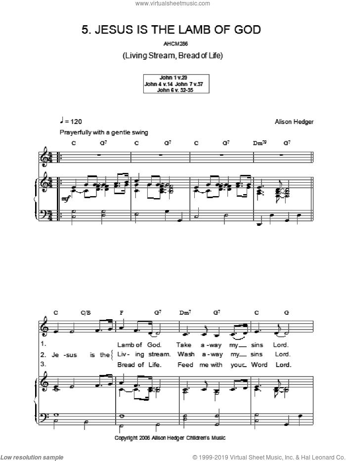 Jesus Is The Lamb Of God sheet music for voice, piano or guitar by Alison Hedger, intermediate skill level