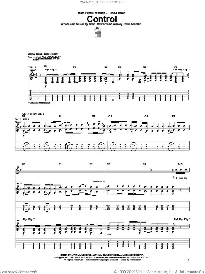 Control sheet music for guitar (tablature) by Puddle Of Mudd, Brad Stewart and Wes Scantlin, intermediate skill level