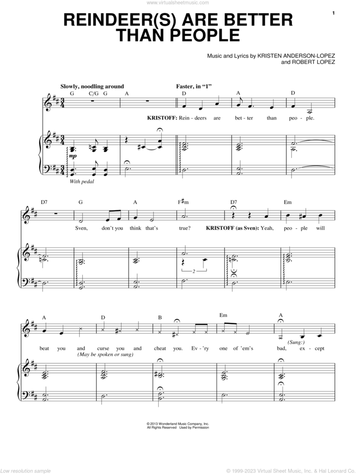 Reindeer(s) Are Better Than People (from Disney's Frozen) sheet music for voice and piano by Jonathan Groff, Kristen Anderson-Lopez and Robert Lopez, intermediate skill level