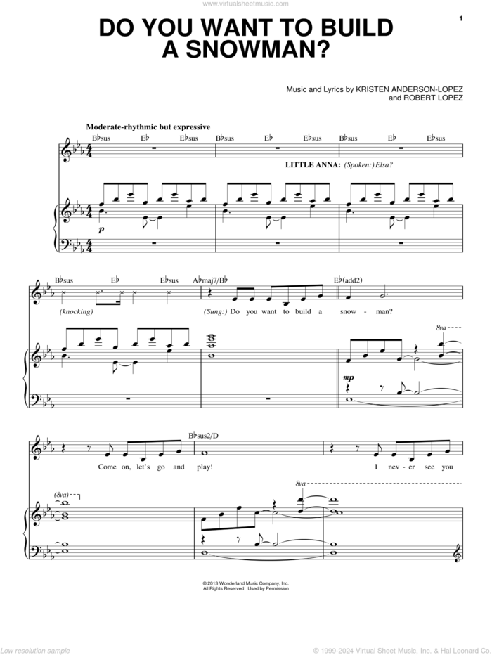 Do You Want To Build A Snowman? (from Frozen) sheet music for voice and piano by Kristen Bell, Agatha Lee Monn & Katie Lopez, Kristen Anderson-Lopez and Robert Lopez, intermediate skill level