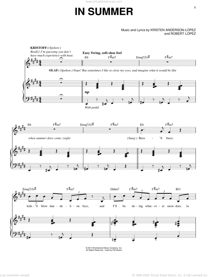 In Summer (from Frozen) sheet music for voice and piano by Josh Gad, Kristen Anderson-Lopez and Robert Lopez, intermediate skill level