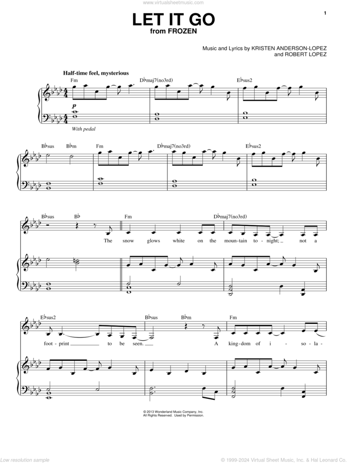 Let It Go (from Frozen) sheet music for voice and piano by Idina Menzel, Kristen Anderson-Lopez and Robert Lopez, intermediate skill level