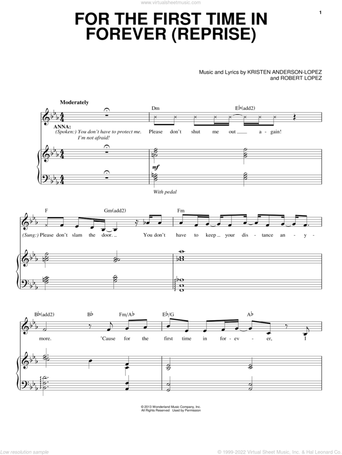 For The First Time In Forever (Reprise) (from Frozen) sheet music for voice and piano by Robert Lopez, Kristen Bell, Idina Menzel and Kristen Anderson-Lopez, intermediate skill level