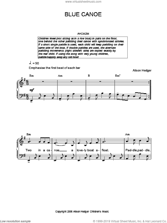 Blue Canoe sheet music for voice, piano or guitar by Alison Hedger, intermediate skill level