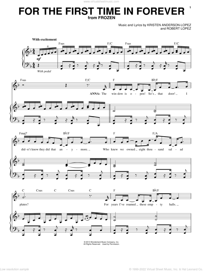 For The First Time In Forever (from Frozen) sheet music for voice and piano by Robert Lopez, Kristen Anderson-Lopez and Kristen Bell, Idina Menzel, intermediate skill level