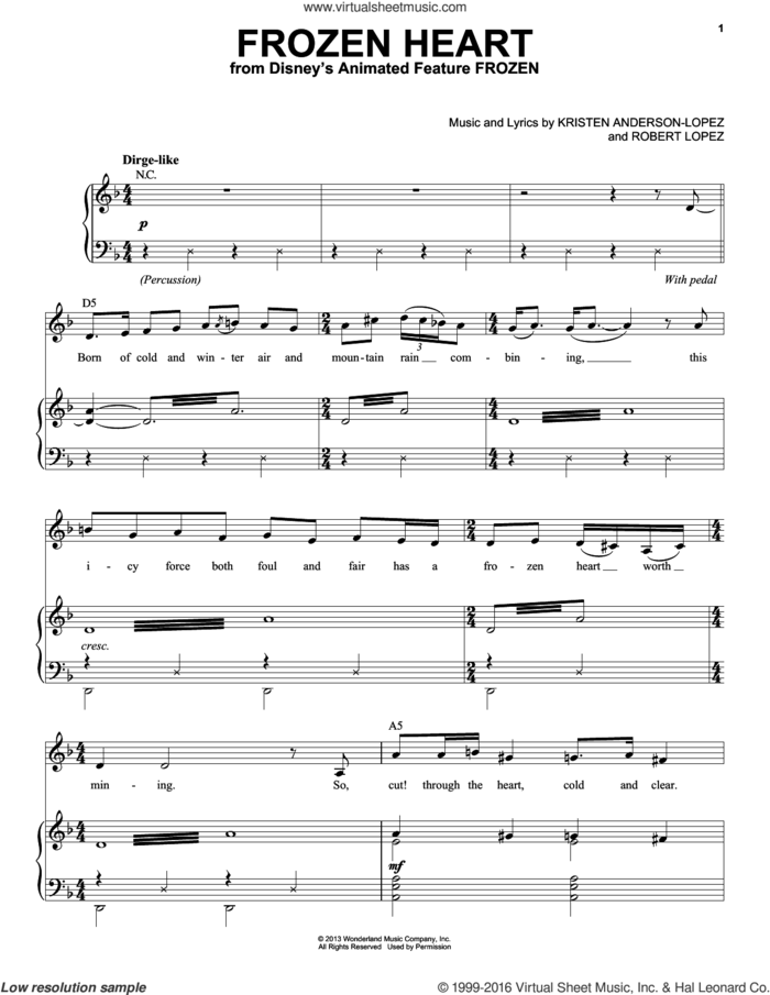 Frozen Heart (from Disney's Frozen) sheet music for voice and piano by Robert Lopez, Kristen Anderson-Lopez and Kristen Anderson-Lopez & Robert Lopez, intermediate skill level