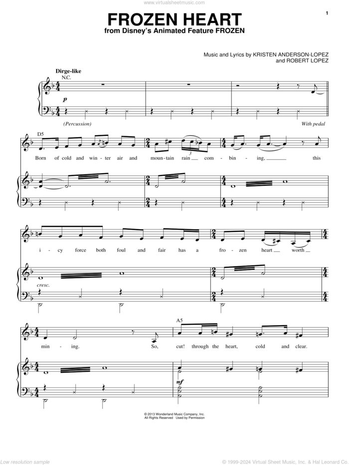 Frozen Heart (from Disney's Frozen) sheet music for voice and piano by Robert Lopez, Kristen Anderson-Lopez and Kristen Anderson-Lopez & Robert Lopez, intermediate skill level