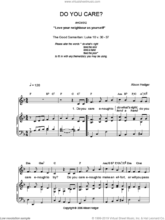 Do You Care? sheet music for voice, piano or guitar by Alison Hedger, intermediate skill level