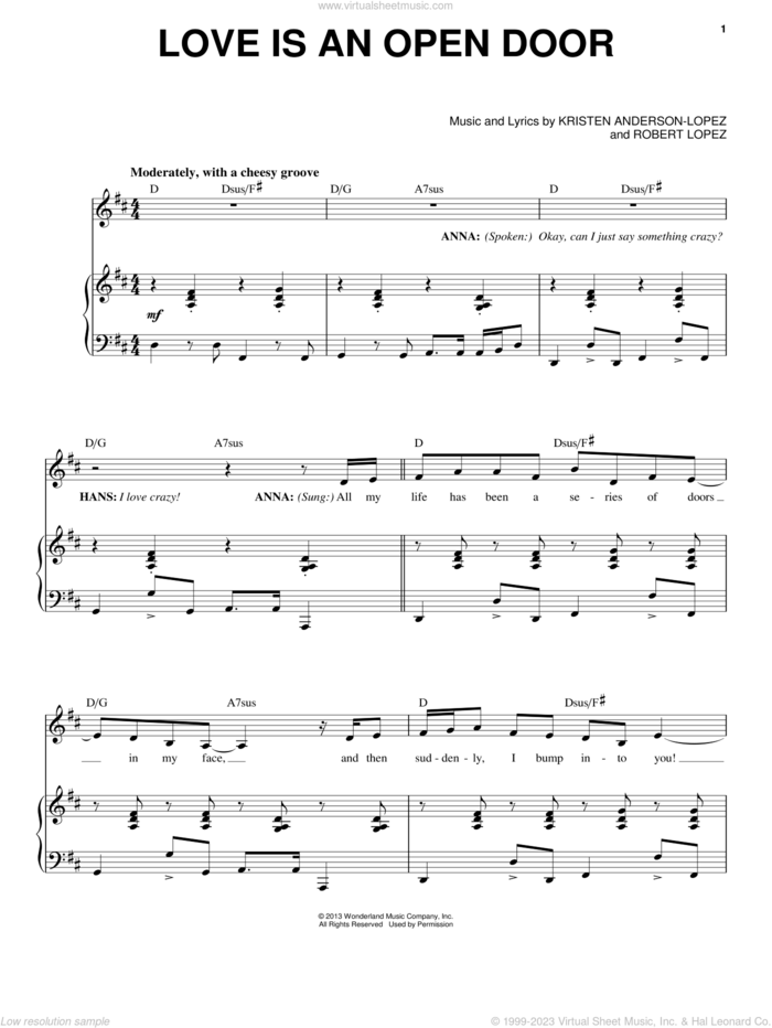 Love Is An Open Door (from Disney's Frozen) sheet music for voice and piano by Robert Lopez, Kristen Anderson-Lopez and Kristen Bell & Santino Fontana, intermediate skill level