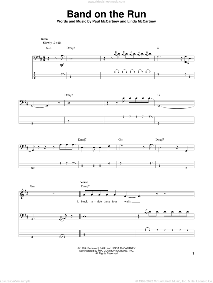 Band On The Run sheet music for bass (tablature) (bass guitar) by Paul McCartney and Wings, Linda McCartney and Paul McCartney, intermediate skill level