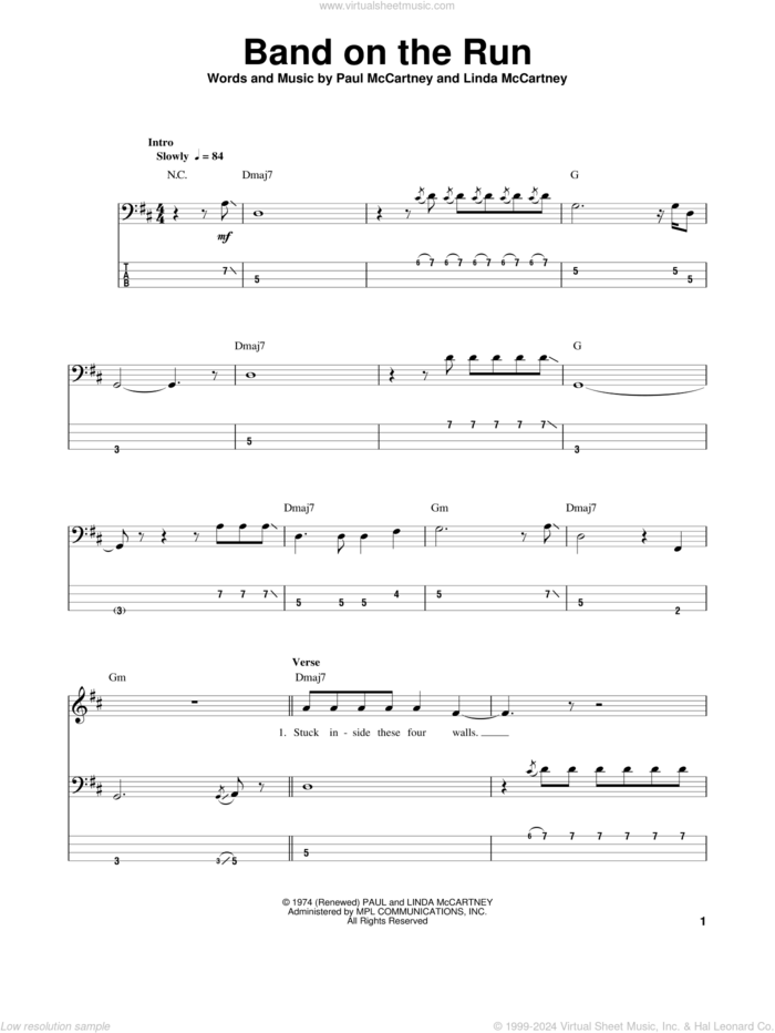 Band On The Run sheet music for bass (tablature) (bass guitar) by Paul McCartney and Wings, Linda McCartney and Paul McCartney, intermediate skill level