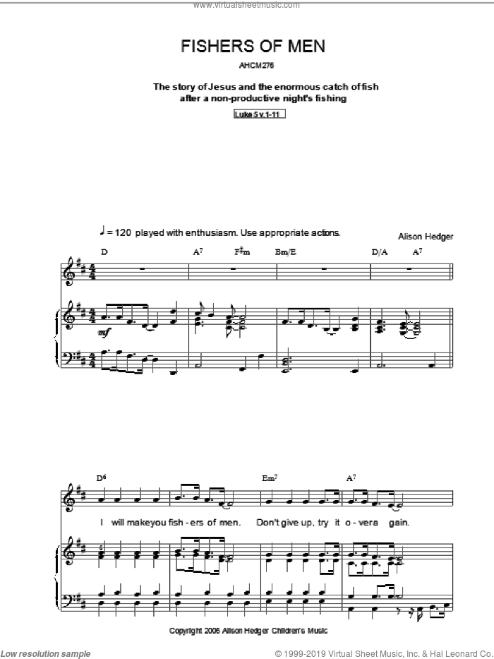 Fishers Of Men sheet music for voice, piano or guitar by Alison Hedger, intermediate skill level