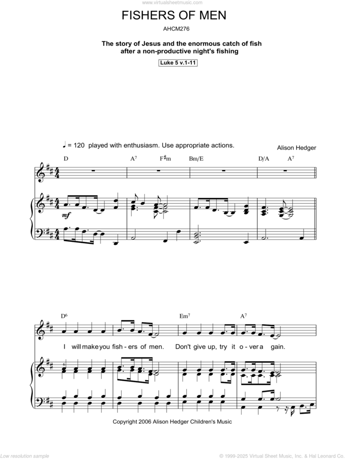 Fishers Of Men sheet music for voice, piano or guitar by Alison Hedger, intermediate skill level