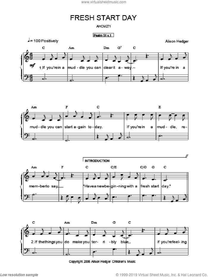 Fresh Start Day sheet music for voice, piano or guitar by Alison Hedger, intermediate skill level