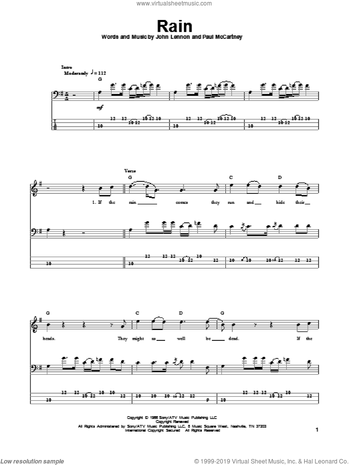 Rain sheet music for bass (tablature) (bass guitar) by The Beatles, John Lennon and Paul McCartney, intermediate skill level