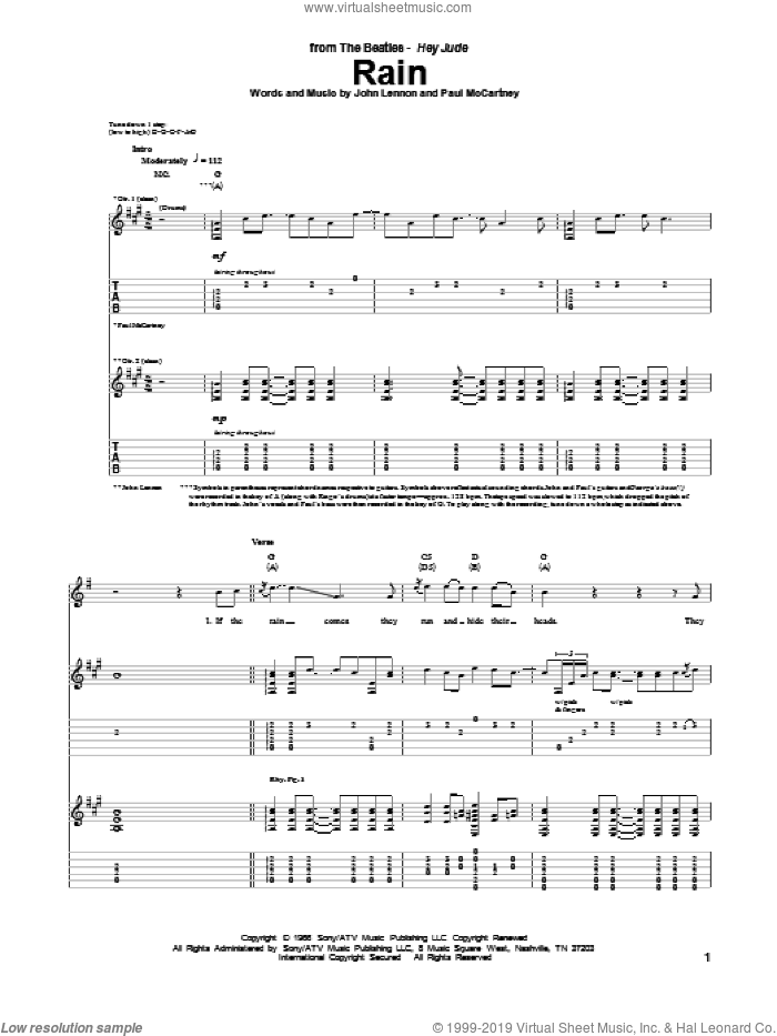 Rain sheet music for guitar (tablature) by The Beatles, John Lennon and Paul McCartney, intermediate skill level