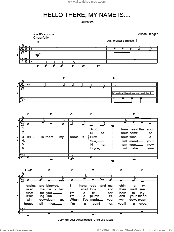 Hello There, My Name Is . . . sheet music for voice, piano or guitar by Alison Hedger, intermediate skill level