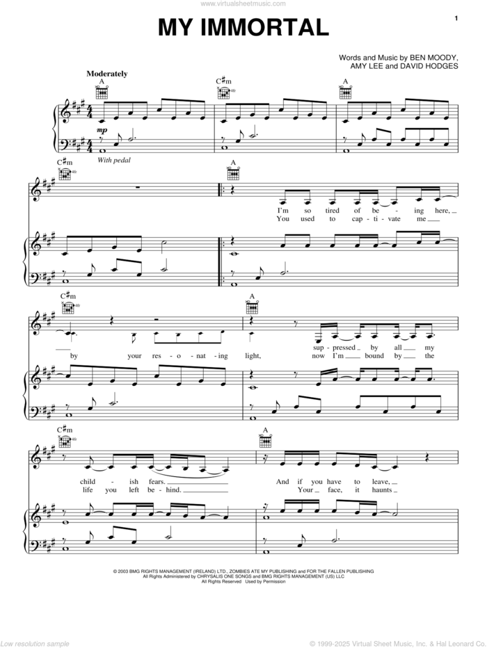 My Immortal sheet music for voice, piano or guitar by Evanescence, Adam Perlmutter, Amy Lee, Ben Moody and David Hodges, intermediate skill level