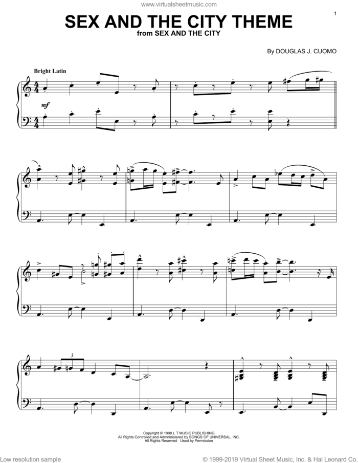 Sex And The City Theme sheet music for piano solo by Thomas Findlay and Douglas Cuomo, intermediate skill level