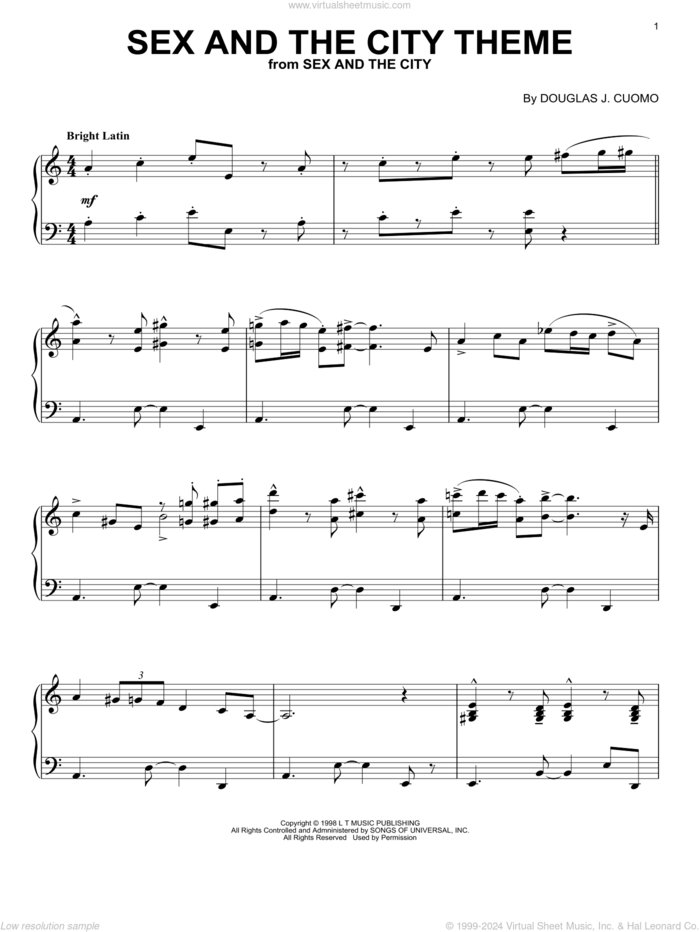 Sex And The City Theme sheet music for piano solo by Thomas Findlay and Douglas Cuomo, intermediate skill level