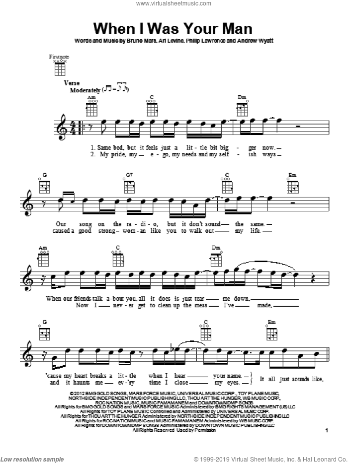 When I Was Your Man sheet music for ukulele by Bruno Mars, Andrew Wyatt, Ari Levine and Philip Lawrence, intermediate skill level
